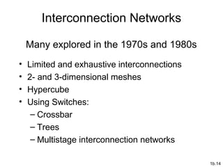 1b.14
Interconnection Networks
Many explored in the 1970s and 1980s
• Limited and exhaustive interconnections
• 2- and 3-dimensional meshes
• Hypercube
• Using Switches:
– Crossbar
– Trees
– Multistage interconnection networks
 