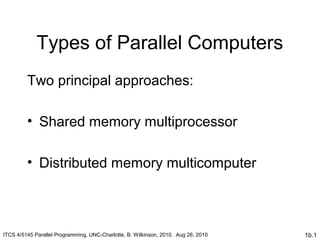 1b.1
Types of Parallel Computers
Two principal approaches:
• Shared memory multiprocessor
• Distributed memory multicomputer
ITCS 4/5145 Parallel Programming, UNC-Charlotte, B. Wilkinson, 2010. Aug 26, 2010
 