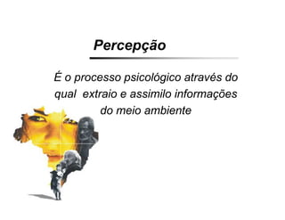 Percepção

É o processo psicológico através do
qual extraio e assimilo informações
         do meio ambiente
 