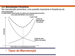 2.2. Manutenção Preventiva 
Na manutenção preventiva, uma questão importante é freqüência de 
manutenção. 
• Tipos de Manutenção 
 