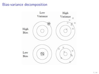 cation 
 Symbolic output (e.g., Y = fyes, nog) 
 Zero-one loss 
L(Y ,'L(X)) = 1(Y6= 'L(X)) 
Regression 
 Numerical output (e.g., Y = R) 
 Squared error loss 
L(Y ,'L(X)) = (Y - 'L(X))2 
4 / 14 
 