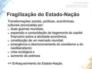 Fragilização do Estado-Nação
Transformações sociais, políticas, econômicas,
culturais provocadas por:
 duas guerras mundiais,
 expansão e consolidação da hegemonia do capital
financeiro sobre a atividade econômica;
 constituição de um mercado mundial;
 emergência e desmoronamento do socialismo e do
neoliberalismo;
 crise ecológica e
 aumento da pobreza
=> Enfraquecimento do Estado-Nação.
 