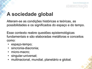 A sociedade global
Alteram-se as condições históricas e teóricas, as
possibilidades e os significados do espaço e do tempo.
Esse contexto reabre questões epistemológicas
fundamentais e são elaboradas metáforas e conceitos
como:
• espaço-tempo;
• sincronia-diacronia;
• micro-macro;
• singular-universal;
• multinacional, mundial, planetário e global.
 