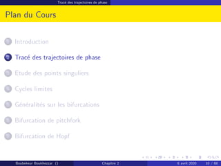Tracé des trajectoires de phase
Plan du Cours
1 Introduction
2 Tracé des trajectoires de phase
3 Etude des points singuliers
4 Cycles limites
5 Généralités sur les bifurcations
6 Bifurcation de pitchfork
7 Bifurcation de Hopf
Boubekeur Boukhezzar () Chapitre 2 6 avril 2020 10 / 68
 