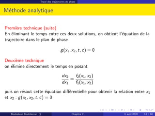 Tracé des trajectoires de phase
Méthode analytique
Première technique (suite)
En éliminant le temps entre ces deux solutions, on obtient l’équation de la
trajectoire dans le plan de phase
g(x1, x2, t, c) = 0
Deuxième technique
on élimine directement le temps en posant
dx2
dx1
=
f2(x1, x2)
f1(x1, x2)
puis on résout cette équation différentielle pour obtenir la relation entre x1
et x2 : g(x1, x2, t, c) = 0
Boubekeur Boukhezzar () Chapitre 2 6 avril 2020 14 / 68
 