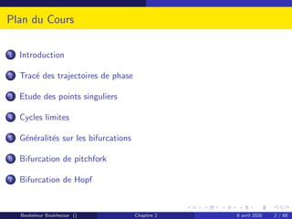 Plan du Cours
1 Introduction
2 Tracé des trajectoires de phase
3 Etude des points singuliers
4 Cycles limites
5 Généralités sur les bifurcations
6 Bifurcation de pitchfork
7 Bifurcation de Hopf
Boubekeur Boukhezzar () Chapitre 2 6 avril 2020 2 / 68
 