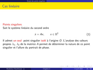 Etude des points singuliers
Cas linéaire
Points singuliers
Soit le système linéaire du second ordre
ẋ = Ax, x ∈ R2
(1)
Il admet un seul point singulier isolé à l’origine O. L’analyse des valeurs
propres λ1, λ2 de la matrice A permet de déterminer la nature de ce point
singulier et l’allure du portrait de phase.
Boubekeur Boukhezzar () Chapitre 2 6 avril 2020 26 / 68
 