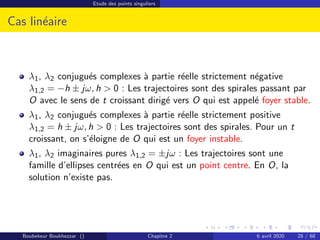 Etude des points singuliers
Cas linéaire
λ1, λ2 conjugués complexes à partie réelle strictement négative
λ1,2 = −h ± jω, h  0 : Les trajectoires sont des spirales passant par
O avec le sens de t croissant dirigé vers O qui est appelé foyer stable.
λ1, λ2 conjugués complexes à partie réelle strictement positive
λ1,2 = h ± jω, h  0 : Les trajectoires sont des spirales. Pour un t
croissant, on s’éloigne de O qui est un foyer instable.
λ1, λ2 imaginaires pures λ1,2 = ±jω : Les trajectoires sont une
famille d’ellipses centrées en O qui est un point centre. En O, la
solution n’existe pas.
Boubekeur Boukhezzar () Chapitre 2 6 avril 2020 28 / 68
 