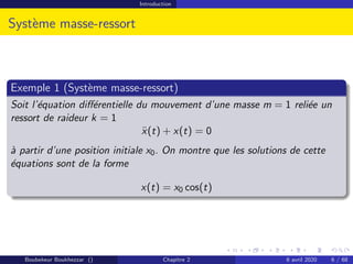 Introduction
Système masse-ressort
Exemple 1 (Système masse-ressort)
Soit l’équation différentielle du mouvement d’une masse m = 1 reliée un
ressort de raideur k = 1
ẍ(t) + x(t) = 0
à partir d’une position initiale x0. On montre que les solutions de cette
équations sont de la forme
x(t) = x0 cos(t)
Boubekeur Boukhezzar () Chapitre 2 6 avril 2020 6 / 68
 