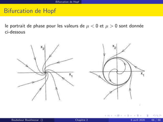 Bifurcation de Hopf
Bifurcation de Hopf
le portrait de phase pour les valeurs de µ  0 et µ  0 sont donnée
ci-dessous
Boubekeur Boukhezzar () Chapitre 2 6 avril 2020 66 / 68
 