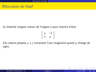 Bifurcation de Hopf
Bifurcation de Hopf
Le linéarisé tangent autour de l’origine à pour matrice d’état

µ −1
1 µ

Ces valeurs propres µ ± j traversent l’axe imaginaire quand µ change de
signe.
Boubekeur Boukhezzar () Chapitre 2 6 avril 2020 68 / 68
 