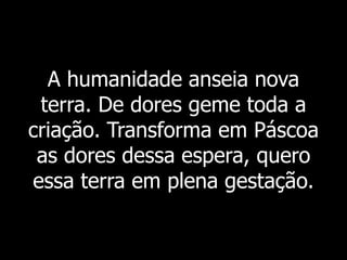 A humanidade anseia nova
terra. De dores geme toda a
criação. Transforma em Páscoa
as dores dessa espera, quero
essa terra em plena gestação.
 