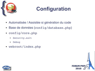 {{ Configuration
● Automatisée / Assistée si génération du code
● Base de données (config/database.php)
● config/core.php
● Security.salt
● Debug
● webroot/index.php
 