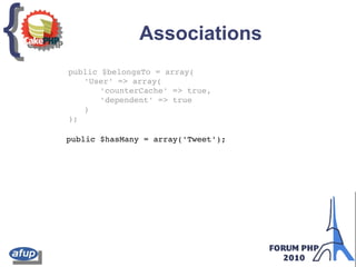 {{ Associations
public $belongsTo = array(
'User' => array(
'counterCache' => true,
'dependent' => true
)
);
public $hasMany = array('Tweet');
 