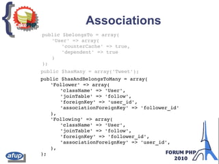 {{ Associations
public $belongsTo = array(
'User' => array(
'counterCache' => true,
'dependent' => true
)
);
public $hasMany = array('Tweet');
public $hasAndBelongsToMany = array(
'Follower' => array(
'className' => 'User',
'joinTable' => 'follow',
'foreignKey' => 'user_id',
'associationForeignKey' => 'follower_id'
),
'Following' => array(
'className' => 'User',
'joinTable' => 'follow',
'foreignKey' => 'follower_id',
'associationForeignKey' => 'user_id',
),
);
 