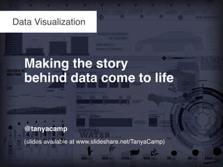 Data Visualization



  Making the story
  behind data come to life


  @tanyacamp
  (slides available at www.slideshare.net/TanyaCamp)
 