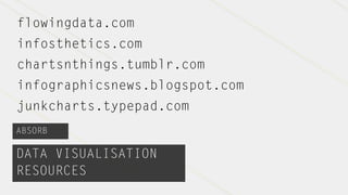 flowingdata.com
infosthetics.com
chartsnthings.tumblr.com
infographicsnews.blogspot.com
junkcharts.typepad.com
ABSORB

DATA VISUALISATION
RESOURCES
 