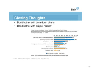 Closing Thoughts
• Don’t bother with burn down charts
• Don’t bother with project “poker”

© 2013, Bislr, Inc. @bislr #agi...