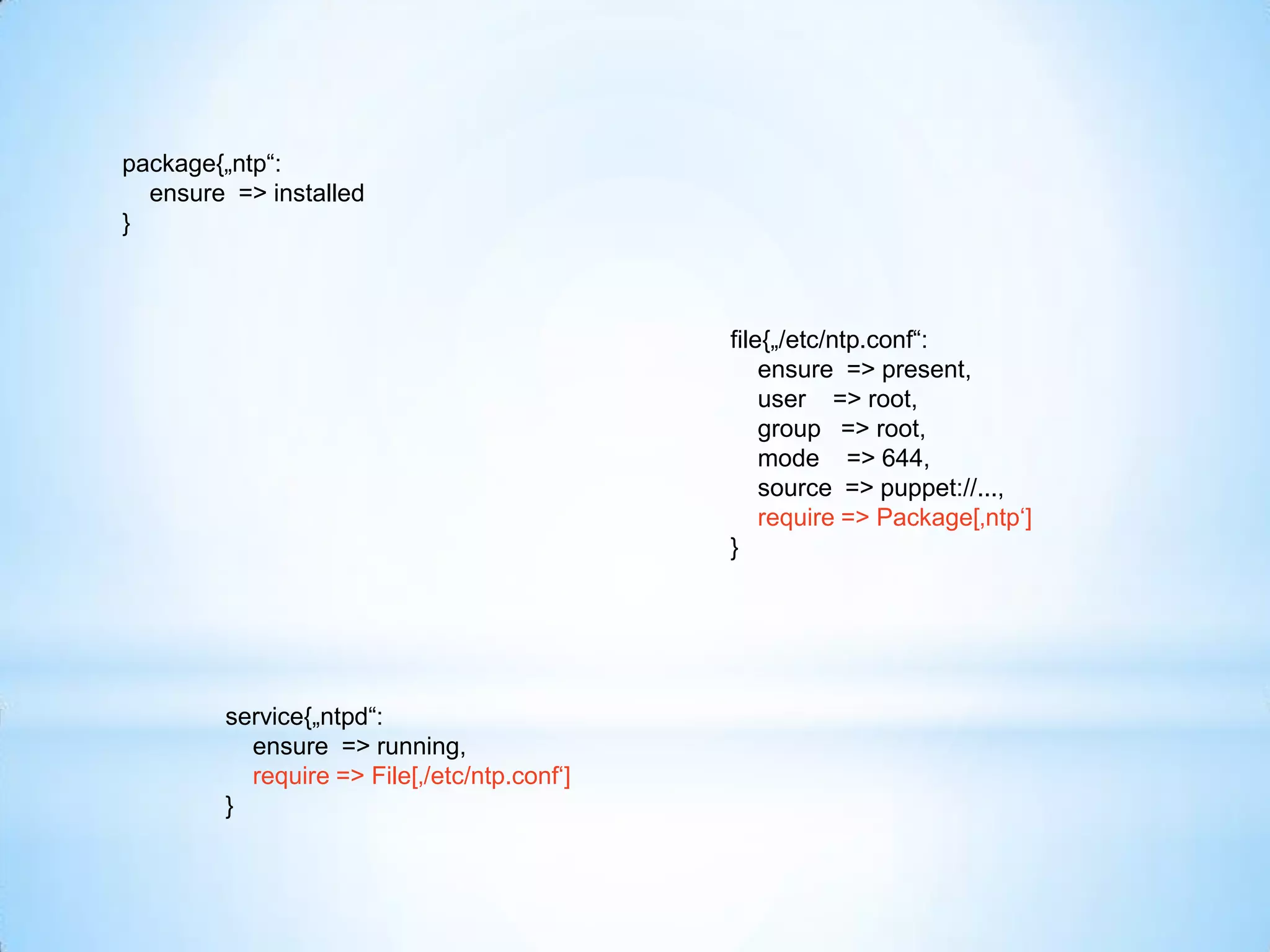 package{„ntp“:
ensure => installed
}
file{„/etc/ntp.conf“:
ensure => present,
user => root,
group => root,
mode => 644,
source => puppet://...,
require => Package[‚ntp‘]
}
service{„ntpd“:
ensure => running,
require => File[‚/etc/ntp.conf‘]
}
 