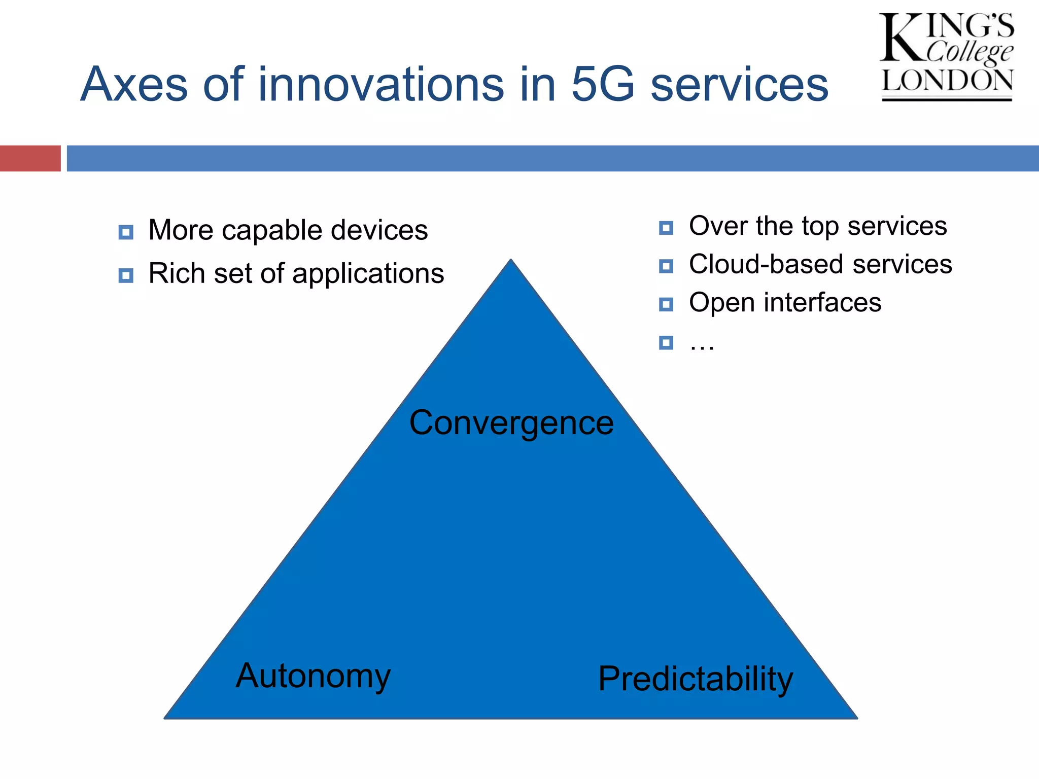 Axes of innovations in 5G services
Convergence
Autonomy Predictability
 Over the top services
 Cloud-based services
 Open interfaces
 …
 More capable devices
 Rich set of applications
 