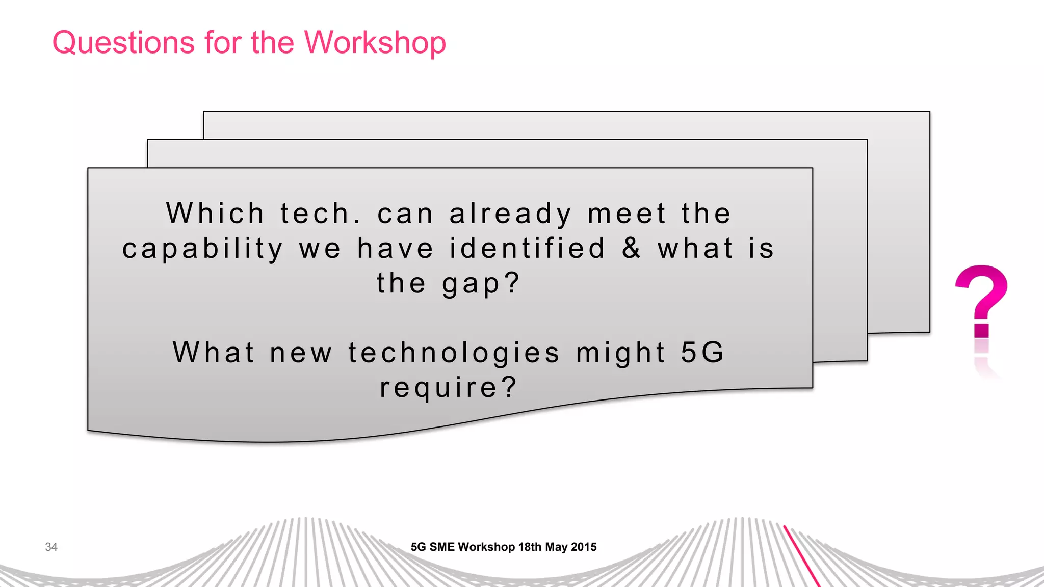 34
Questions for the Workshop
5G SME Workshop 18th May 2015
W hic h tec h. c an alr eady meet the
c a p a b ility w e h a ve id e n tifie d & w h a t is
th e g a p ?
W h a t n e w te c h n o lo g ie s mig h t 5 G
r e q u ir e ?
 