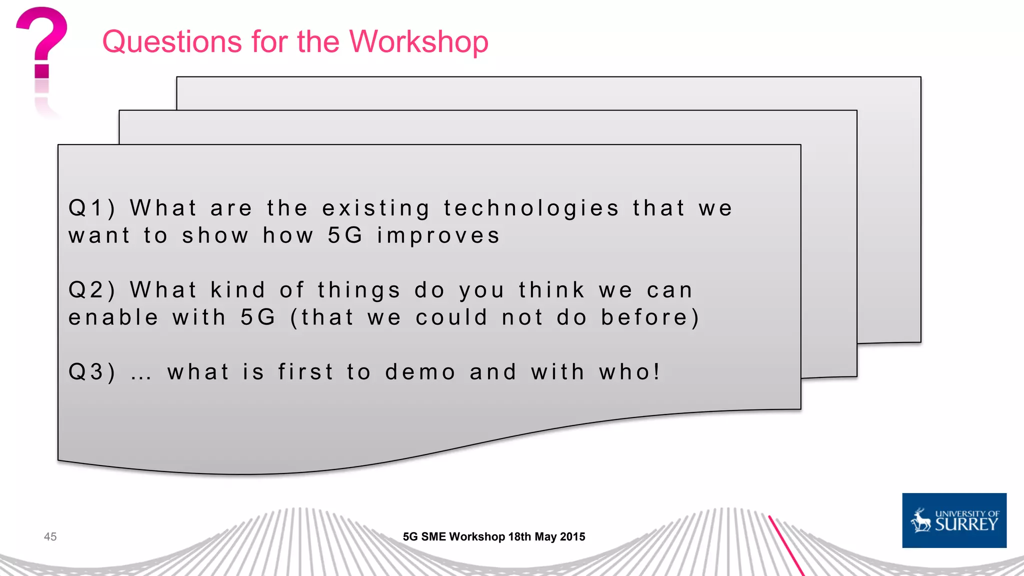 45
Questions for the Workshop
5G SME Workshop 18th May 2015
Q 1 ) W h a t a r e t h e e x i s t i n g t e c h n o l o g i e s t h a t w e
w a n t t o s h o w h o w 5 G i m p r o v e s
Q 2 ) W h a t k i n d o f t h i n g s d o y o u t h i n k w e c a n
e n a b l e w i t h 5 G ( t h a t w e c o u l d n o t d o b e f o r e )
Q 3 ) … w h a t i s f i r s t t o d e m o a n d w i t h w h o !
 
