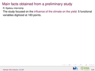 Main facts obtained from a preliminary study
R. Kpekou internship
The study focused on the inﬂuence of the climate on the yield: 5 functional
variables digitized at 183 points.
Nathalie Villa-Vialaneix | IS-SIR 6/26
 