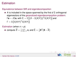 Estimation
Equivalence between SIR and eigendecomposition
A is included in the space spanned by the ﬁrst d Σ-orthogonal
eigenvectors of the generalized eigendecomposition problem:
Γa = λΣa, with Σ = E (X − E(X|Y)))T
E(X|Y) and
Γ = E E(X|Y)T
E(X|Y)
Estimation (when n > p)
compute X = 1
n
n
i=1 xi and ˆΣ = 1
n XT
(X − X)
Nathalie Villa-Vialaneix | IS-SIR 11/26
 