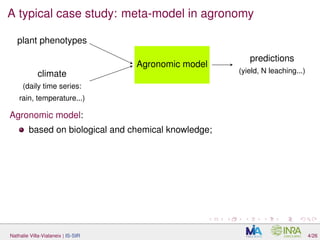 A typical case study: meta-model in agronomy
climate
(daily time series:
rain, temperature...)
plant phenotypes
predictions
(yield, N leaching...)
Agronomic model
Agronomic model:
based on biological and chemical knowledge;
Nathalie Villa-Vialaneix | IS-SIR 4/26
 