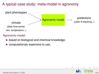 A typical case study: meta-model in agronomy
climate
(daily time series:
rain, temperature...)
plant phenotypes
predictions
(yield, N leaching...)
Agronomic model
Agronomic model:
based on biological and chemical knowledge;
computationaly expensive to use;
Nathalie Villa-Vialaneix | IS-SIR 4/26
 