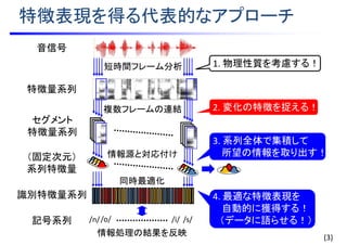 情報源と対応付け
複数フレームの連結
特徴表現を得る代表的なアプローチ
音信号
特徴量系列
1. 物理性質を考慮する！
2. 変化の特徴を捉える！
3. 系列全体で集積して
所望の情報を取り出す！
4. 最適な特徴表現を
自動的に獲得する！
（データに語らせる！）
セグメント
特徴量系列
短時間フレーム分析
記号系列 /n//o/ /s//i/
識別特徴量系列
情報処理の結果を反映
同時最適化
(3)
（固定次元）
系列特徴量
 