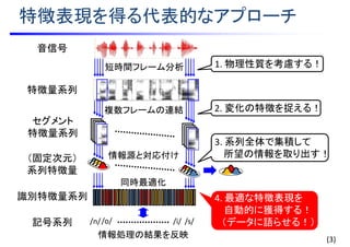 情報源と対応付け
複数フレームの連結
特徴表現を得る代表的なアプローチ
音信号
特徴量系列
1. 物理性質を考慮する！
2. 変化の特徴を捉える！
3. 系列全体で集積して
所望の情報を取り出す！
4. 最適な特徴表現を
自動的に獲得する！
（データに語らせる！）
セグメント
特徴量系列
短時間フレーム分析
記号系列 /n//o/ /s//i/
識別特徴量系列
情報処理の結果を反映
同時最適化
(3)
（固定次元）
系列特徴量
 