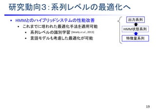 研究動向３：系列レベルの最適化へ
• HMMとのハイブリッドシステムの性能改善
• これまでに培われた最適化手法を適用可能
• 系列レベルの識別学習
• 言語モデルも考慮した最適化が可能
19
HMM状態系列
特徴量系列
出力系列
[Vesely et al., 2013]
 