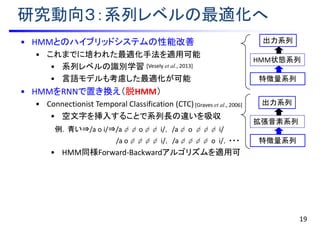 研究動向３：系列レベルの最適化へ
• HMMとのハイブリッドシステムの性能改善
• これまでに培われた最適化手法を適用可能
• 系列レベルの識別学習
• 言語モデルも考慮した最適化が可能
• HMMをRNNで置き換え（脱HMM）
• Connectionist Temporal Classification (CTC)
• 空文字を挿入することで系列長の違いを吸収
例．青い⇒/a o i/⇒/aφφ oφφ i/， /aφ o φφφ i/
/a oφφφφ i/， /aφφφφ o i/，・・・
• HMM同様Forward-Backwardアルゴリズムを適用可
19
HMM状態系列
特徴量系列
出力系列
拡張音素系列
特徴量系列
出力系列
[Vesely et al., 2013]
[Graves et al., 2006]
 