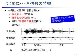 音声波形
a r a y u rsil u g e N j i ts u
音素系列
あらゆる 現実無音
単語系列
はじめに・・・音信号の特徴
文 「あらゆる現実を全て自分の方へ・・・」
• 一例として音声に着目すると・・・
• 時系列データである．
• 確率的なゆらぎを持つ．
• 内部に階層的な構造を持つ．
などなど・・・
2
 