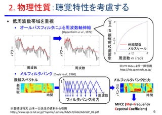 周波数
時間
振幅スペクトル
• 低周波数帯域を重視
• オールパスフィルタによる周波数軸伸縮
• メルフィルタバンク
2. 物理性質：聴覚特性を考慮する
伸縮後の周波数(rad)
周波数 (rad)
伸縮関数
メルスケール


2

0 2/
フィルタバンク出力
1
周波数
※HTS Slides より一部引用
http://hts.sp.nitech.ac.jp/
※豊橋技科大 山本一公先生の資料から引用
http://www.slp.cs.tut.ac.jp/~kyama/Lecture/AdvSLP/slide/AdvSLP_02.pdf
パワー
周波数 周波数
パワー
メルフィルタバンク出力
バンクID
時間
6
MFCC (Mel-Frequency
Cepstral Coefficient)
[Oppenheim et al., 1972]
[Davis et al., 1980]
 
