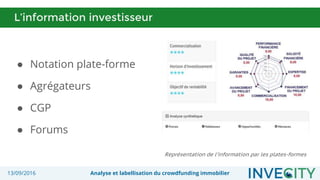 13/09/2016 Analyse et labellisation du crowdfunding immobilier
L’information investisseur
● Notation plate-forme
● Agrégateurs
● CGP
● Forums
Représentation de l’information par les plates-formes
 