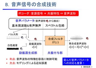 スペクトル包絡
励振源波形
パルス列
白色雑音
再合成音声波形
合成フィルタ
)(zH
励振源生成部 共振付与部
][*][][ nenhnx 
基本周波数&有声無声
音声パラメータ（音声波形 から抽出）
][ne
ボコーダ：音源信号 ＊ 共振特性 ⇒ 音声波形
B．音声信号の合成技術
歪んだ音声パラメータ
への対応も重要！
• 利点：音声波形の特徴を容易に制御可能
• 欠点：モデリングによる近似誤差
２．要素技術：3
 