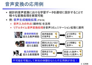 音声変換の応用例
• 統計的音声変換における学習データを適切に設計することで
様々な変換処理を実現可能
• 例：音声生成機能拡張 [戸田 他]
• 音声入力の利点（瞬時性）を活用
• リアルタイム音声変換処理を音声コミュニケーション拡張に適用
身体的制約を
超える発声補助
環境的制約を
超える通話
能力的制約を
超える表現獲得
不可能を可能として未知の体験をもたらす応用例が存在！
発声障碍者
の音声を
より自然な
音声へ
聞きとれないほど
微弱な音声を
より明瞭な
音声へ
現時点での
歌声を
若返った歌声へ
年老いた歌声へ
３．応用例
 