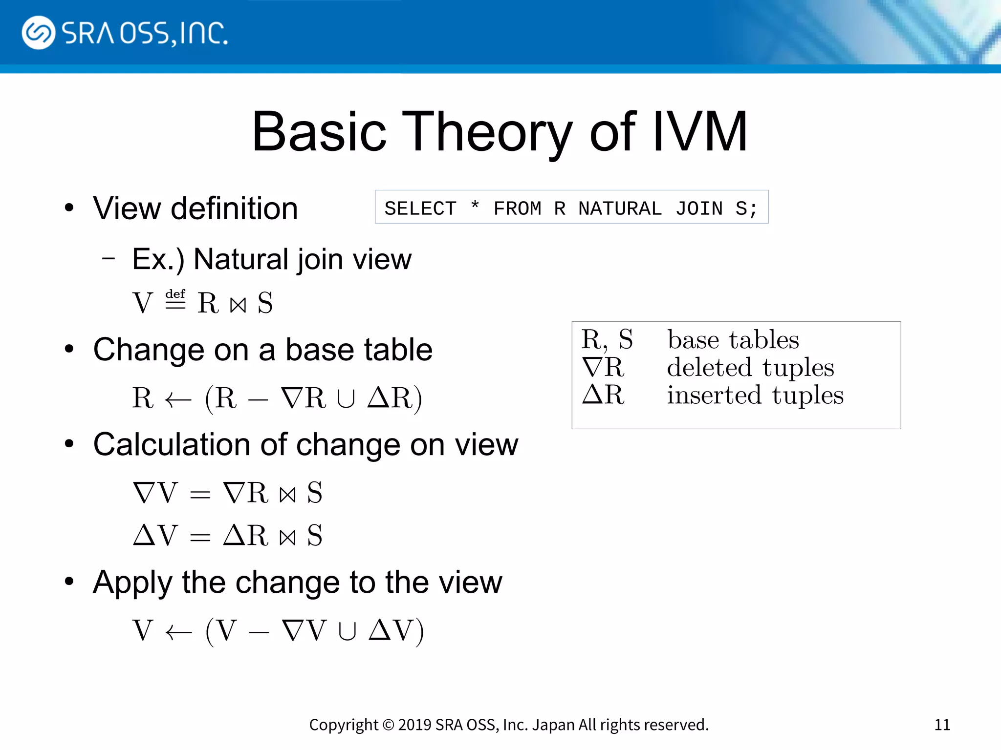 Copyright © 2019 SRA OSS, Inc. Japan All rights reserved. 11
Basic Theory of IVM
●
View definition
– Ex.) Natural join view
V ≝ R ⋈ S
●
Change on a base table
R ← (R − ∇R ∪ ∆R)
●
Calculation of change on view
∇V = ∇R ⋈ S
∆V = ∆R ⋈ S
●
Apply the change to the view
V ← (V − ∇V ∪ ∆V)
R, S base tables
∇R deleted tuples
∆R inserted tuples
SELECT * FROM R NATURAL JOIN S;
 