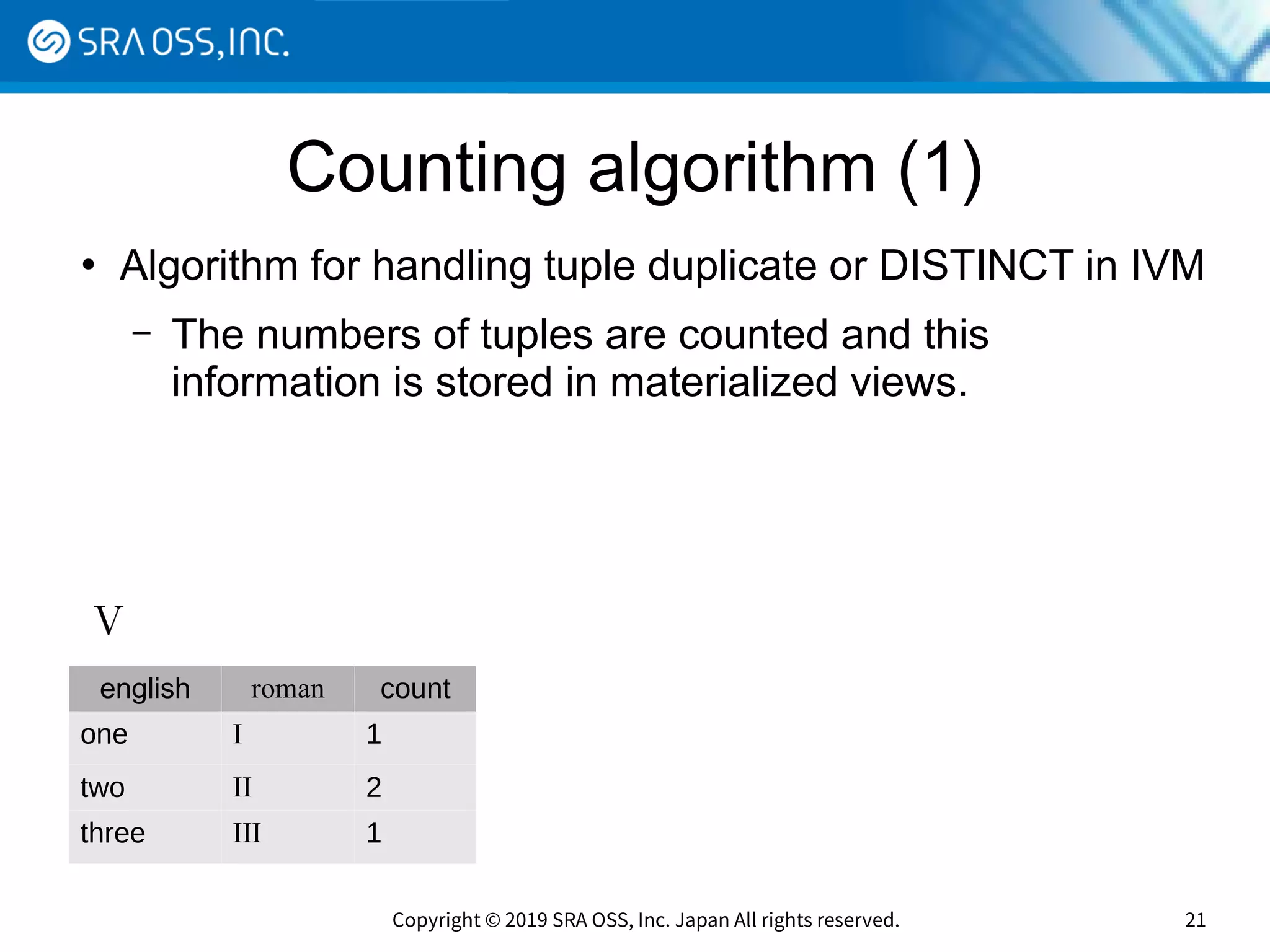 Copyright © 2019 SRA OSS, Inc. Japan All rights reserved. 21
Counting algorithm (1)
●
Algorithm for handling tuple duplicate or DISTINCT in IVM
– The numbers of tuples are counted and this
information is stored in materialized views.
When tuples are to be inserted into the view, the count ses.
When tuples are to be deleted from the view, the count ses.
If the count becomes zero, this tuple is deleted.
english roman count
one I 1
two II 2
three III 1
V
 