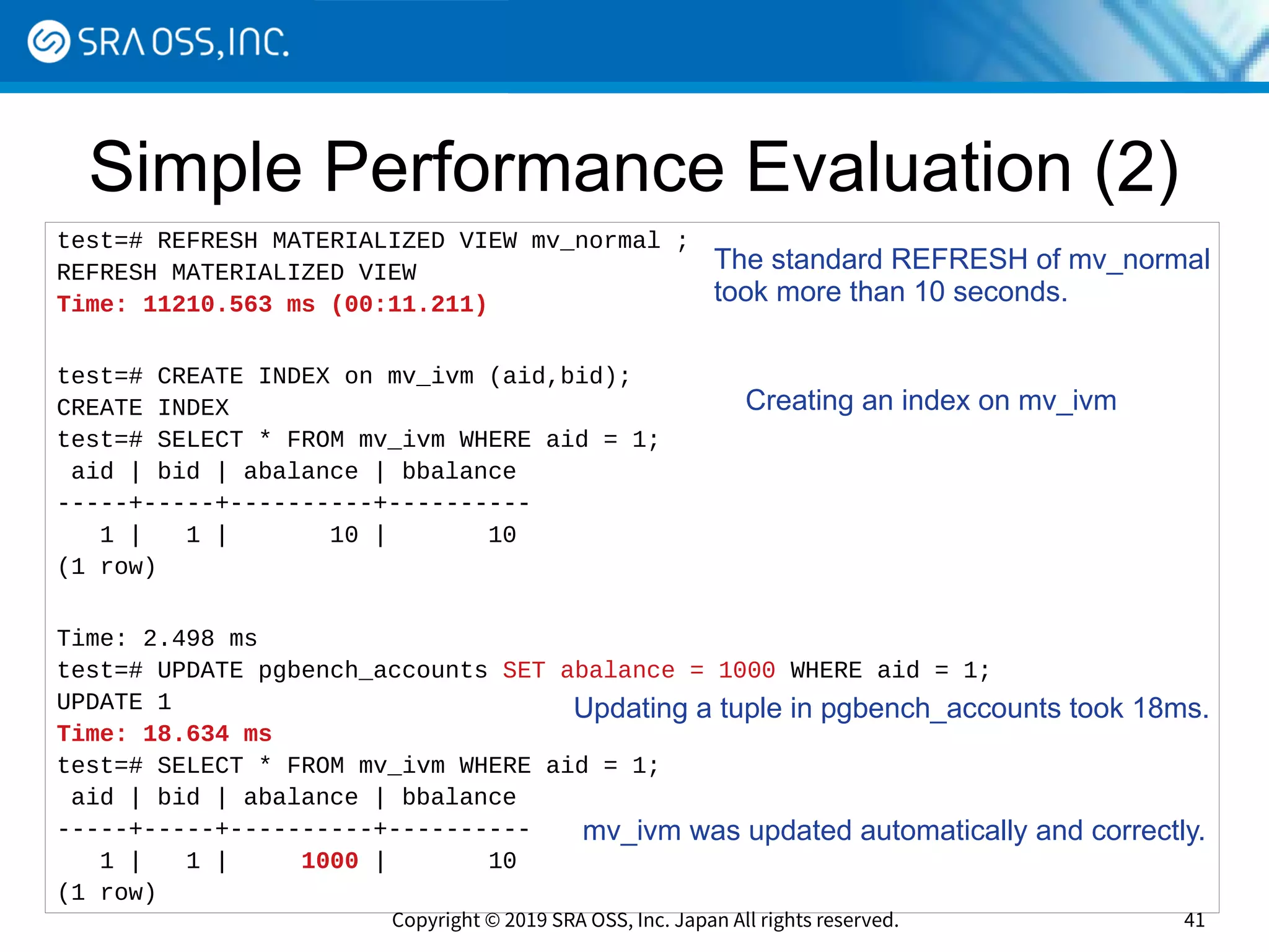 Copyright © 2019 SRA OSS, Inc. Japan All rights reserved. 41
Simple Performance Evaluation (2)
test=# REFRESH MATERIALIZED VIEW mv_normal ;
REFRESH MATERIALIZED VIEW
Time: 11210.563 ms (00:11.211)
test=# CREATE INDEX on mv_ivm (aid,bid);
CREATE INDEX
test=# SELECT * FROM mv_ivm WHERE aid = 1;
aid | bid | abalance | bbalance
-----+-----+----------+----------
1 | 1 | 10 | 10
(1 row)
Time: 2.498 ms
test=# UPDATE pgbench_accounts SET abalance = 1000 WHERE aid = 1;
UPDATE 1
Time: 18.634 ms
test=# SELECT * FROM mv_ivm WHERE aid = 1;
aid | bid | abalance | bbalance
-----+-----+----------+----------
1 | 1 | 1000 | 10
(1 row)
Creating an index on mv_ivm
The standard REFRESH of mv_normal
took more than 10 seconds.
Updating a tuple in pgbench_accounts took 18ms.
mv_ivm was updated automatically and correctly.
 