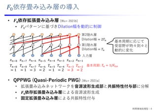 依存畳み込み層の導⼊
• F0依存拡張畳み込み層 [Wu+ 2021b]
• F0パターンに基づきDilation幅を動的に制御
• QPPWG (Quasi-Periodic PWG) [Wu+ 2021a]
• 拡張畳み込みネットワークを⾳源波形⽣成部と共振特性付与部に分解
• F0依存拡張畳み込み層による⾳源波形⽣成
• 固定拡張畳み込み層による共振特性付与
𝑇
3
𝑇
2
𝑇
2
𝑇
2
𝑇
1
𝑇
3
𝑇
1
𝑇
1
𝑇 1/𝐹 ,
基本周期:
𝑥
𝑥
⼊⼒層
𝑥
第1隠れ層
𝑥
𝑥 𝑥
𝑥
𝑥
第2隠れ層
Dilation幅 𝑇
Dilation幅 2𝑇
基本周期に応じて
受容野が時々刻々と
動的に変化
時間領域処理型：4
 