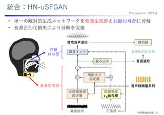×
• 単⼀の敵対的⽣成ネットワークを⾳源⽣成部と共振付与部に分解
• ⾳源正則化損失により分解を促進
畳み込み
⾳源正則化損失
識別器
調⾳ネット
合成⾳声波形
⾳源⽣成部
正弦波
𝑭
周期⾳源
𝑭𝟎依存層
×
雑⾳信号
⾮周期⾳源
固定層
⾳声特徴量系列
周期成分
固定層
+
[Yoneyama+ 2023a]
共振
付与部
統合：HN-uSFGAN
⾳源波形
時間領域処理型：6
 