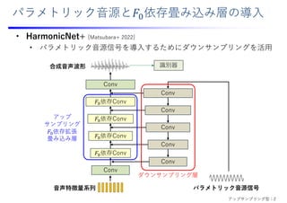 パラメトリック⾳源と 依存畳み込み層の導⼊
• HarmonicNet+ [Matsubara+ 2022]
• パラメトリック⾳源信号を導⼊するためにダウンサンプリングを活⽤
識別器
合成⾳声波形
パラメトリック⾳源信号
⾳声特徴量系列
アップ
サンプリング
𝐹 依存拡張
畳み込み層
Conv
Conv
Conv
Conv
Conv
𝐹 依存Conv
𝐹 依存Conv
𝐹 依存Conv
𝐹 依存Conv
Conv
Conv
ダウンサンプリング層
アップサンプリング型：2
 