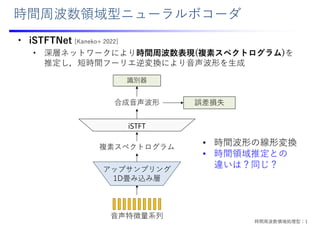 時間周波数領域型ニューラルボコーダ
• iSTFTNet [Kaneko+ 2022]
• 深層ネットワークにより時間周波数表現(複素スペクトログラム)を
推定し，短時間フーリエ逆変換により⾳声波形を⽣成
iSTFT
⾳声特徴量系列
合成⾳声波形
識別器
アップサンプリング
1D畳み込み層
誤差損失
複素スペクトログラム
• 時間波形の線形変換
• 時間領域推定との
違いは？同じ？
時間周波数領域処理型：1
 