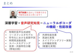 まとめ
専⾨知識を活かして改善できる
可能性はあると思います！
深層学習＋⾳声研究知⾒＝ニューラルボコーダ
の機能・性能改善
• 物理的⾳声⽣成過程
• ソースフィルタモデル
• 符号化における⻑期予測
• 時間周波数表現
• スパースモデリング
• ⾳源・共振特性分離
• (帯域分割)
• 外挿性能改善
• ⾼速化実現
• エイリアシングフリー実現
• 分析機能実現
• (軽量化実現)
まとめ
 