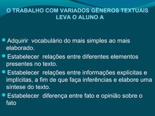 O TRABALHO COM VARIADOS GÊNEROS TEXTUAIS
LEVA O ALUNO A
Adquirir vocabulário do mais simples ao mais
elaborado.
Estabelecer relações entre diferentes elementos
presentes no texto.
Estabelecer relações entre informações explícitas e
implícitas, a fim de que faça inferências e elabore uma
síntese do texto.
Estabelecer diferença entre fato e opinião sobre o
fato
 