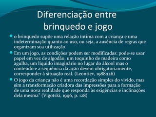 Diferenciação entre
brinquedo e jogo
o brinquedo supõe uma relação íntima com a criança e uma
indeterminação quanto ao uso, ou seja, a ausência de regras que
organizam sua utilização
Em um jogo, as condições podem ser modificadas: pode-se usar
papel em vez de algodão, um toquinho de madeira como
agulha, um líquido imaginário no lugar do álcool mas o
conteúdo e a sequência da ação devem obrigatoriamente,
corresponder à situação real. (Leontiev, 1988:126)
O jogo da criança não é uma recordação simples do vivido, mas
sim a transformação criadora das impressões para a formação
de uma nova realidade que responda às exigências e inclinações
dela mesma” (Vigotski, 1996, p. 128)
 