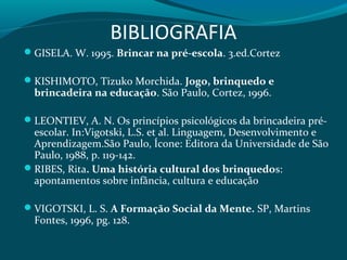 BIBLIOGRAFIA
GISELA. W. 1995. Brincar na pré-escola. 3.ed.Cortez
KISHIMOTO, Tizuko Morchida. Jogo, brinquedo e
brincadeira na educação. São Paulo, Cortez, 1996.
LEONTIEV, A. N. Os princípios psicológicos da brincadeira pré-
escolar. In:Vigotski, L.S. et al. Linguagem, Desenvolvimento e
Aprendizagem.São Paulo, Ícone: Editora da Universidade de São
Paulo, 1988, p. 119-142.
RIBES, Rita. Uma história cultural dos brinquedos:
apontamentos sobre infância, cultura e educação
VIGOTSKI, L. S. A Formação Social da Mente. SP, Martins
Fontes, 1996, pg. 128.
 